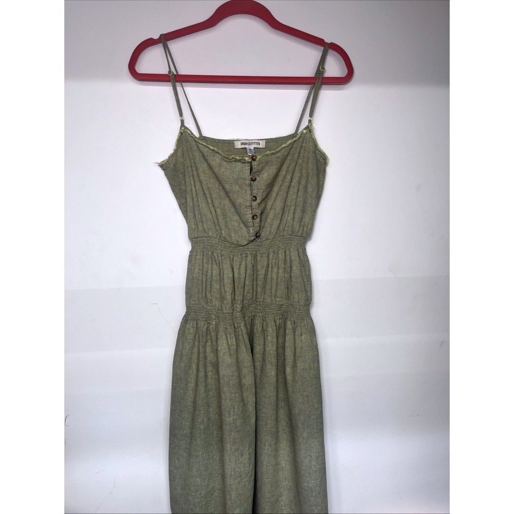 Urban Outfitters Linen Blend Midi Dress Sage Olive Green Smocked Button Front M - Picture 3 of 13